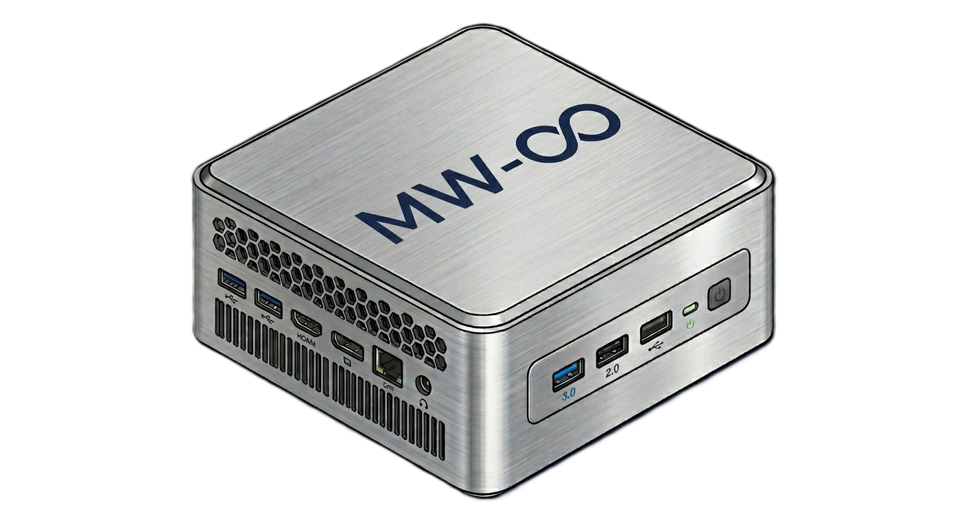Vista isometrica del MicroWorker: case in metallo spazzolato con porte USB, HDMI ed Ethernet, LED di stato sul fronte.